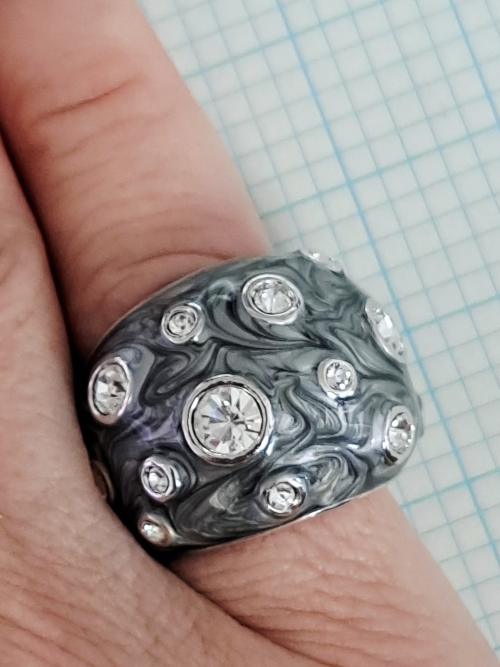 Sterling Silver Gray Swirl Ring with Clear Stones - Women Jewelry